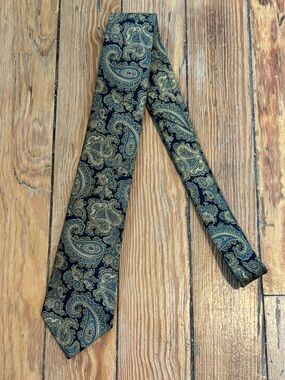 100% Wool Paisley Tie - Blue and Olive Made in Italy 55 Inches